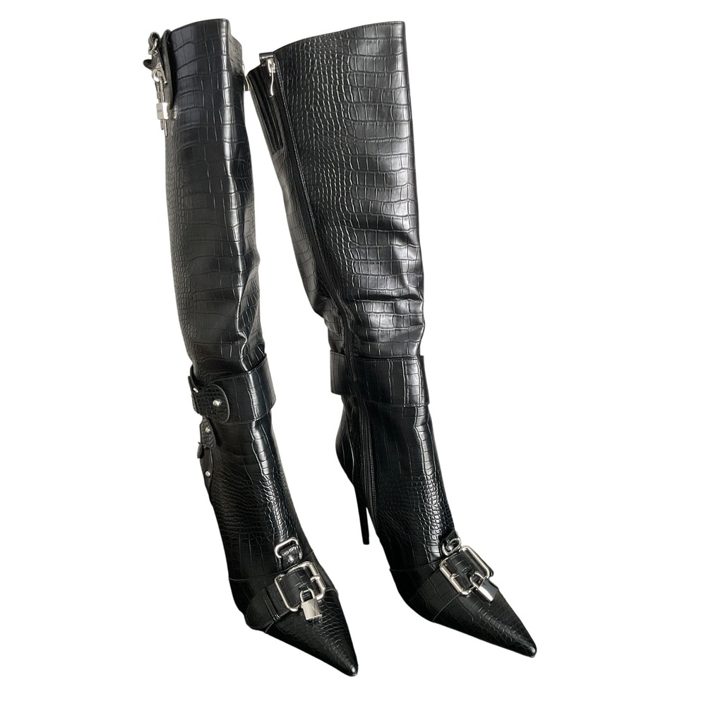 Azalea Wang Black Croc Pointed Toe Buckle Stiletto Knee High Boots Sz 11 - Picture 13 of 16
